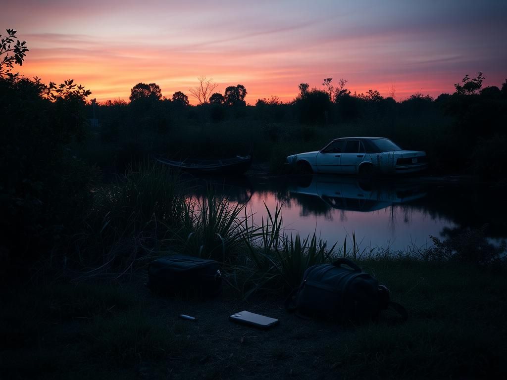 Flick International Tranquil Florida landscape at dusk with a retention pond and abandoned car