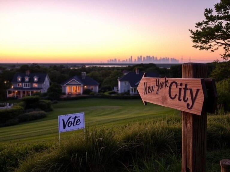 Flick International Serene Hamptons landscape at twilight with luxurious homes and a 'Vote' sign in the garden.