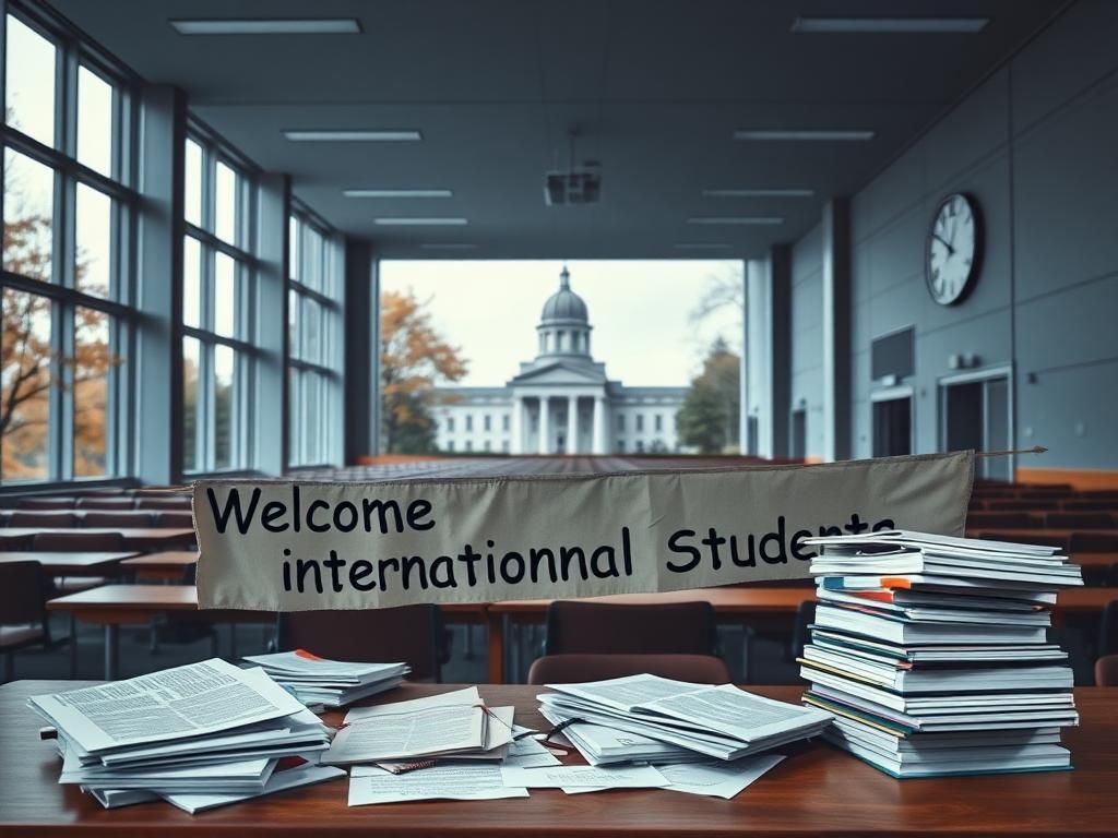 Flick International Empty university lecture hall with unoccupied desks and a scattering of admission documents