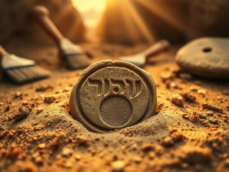 Flick International Close-up of an ancient clay seal impression showcasing Hebrew letters and a distinct fingerprint.