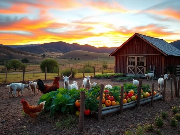 Flick International Serene sunset ranch scene with goats and barn in rural California