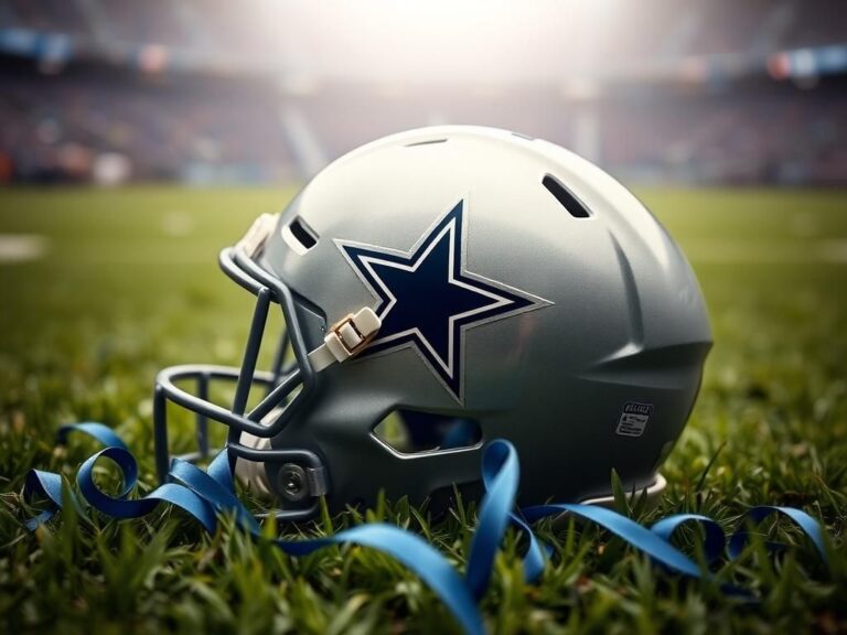 Flick International Close-up of a Dallas Cowboys helmet on a football field with the star logo visible