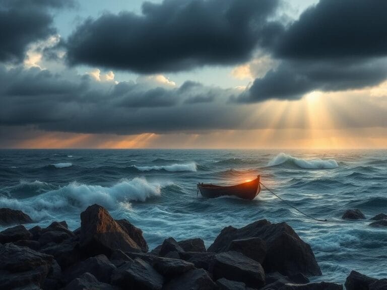 Flick International A small sturdy boat navigating turbulent seas under a stormy sky