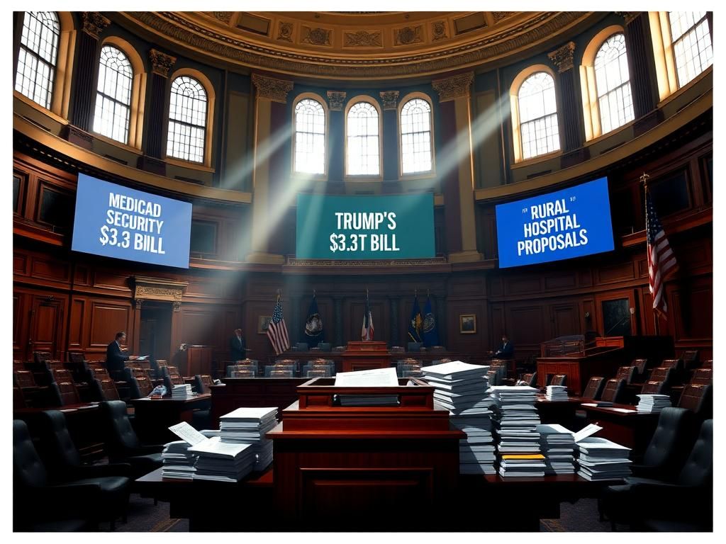 Flick International Grand legislative chamber with polished wooden podium and stacks of documents labeled 'Trump's $3.3T Bill' and 'Medicaid Proposals'