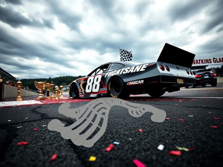 Flick International Scene in Victory Lane showcasing an empty No. 88 NASCAR car with gleaming trophies and a checkered flag