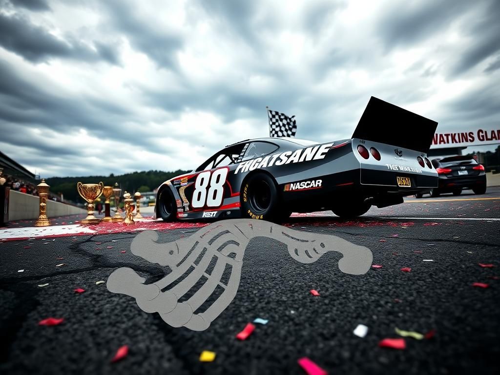 Flick International Scene in Victory Lane showcasing an empty No. 88 NASCAR car with gleaming trophies and a checkered flag