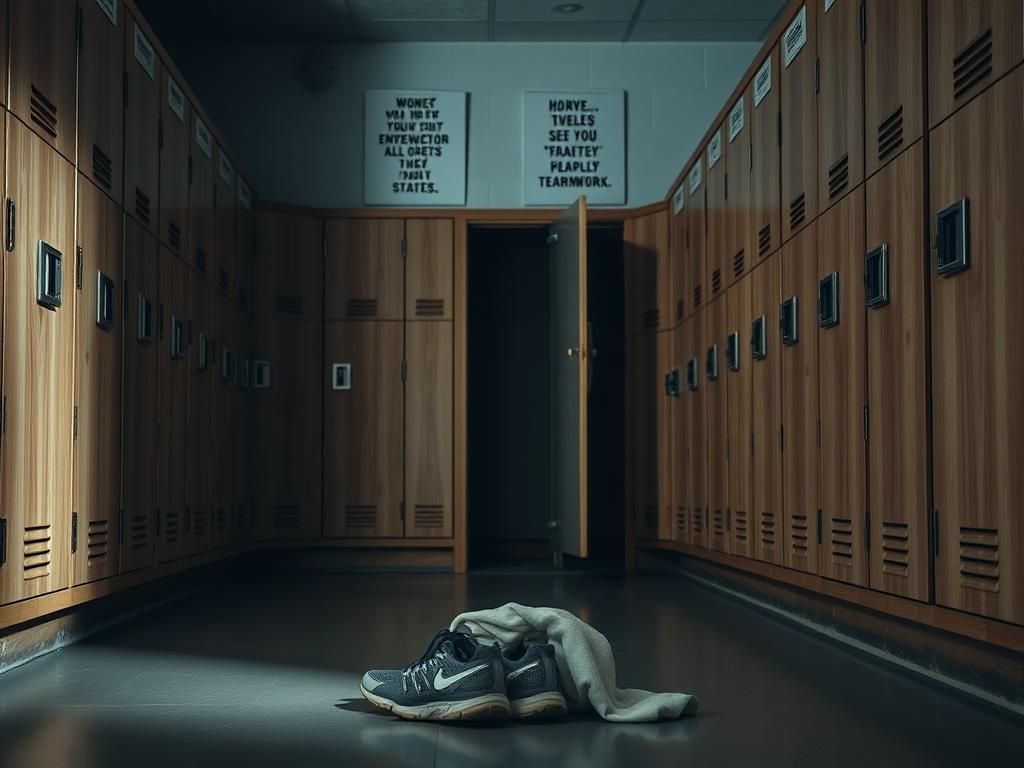 Flick International Close-up of a deserted women's locker room with empty lockers and running shoes on the floor