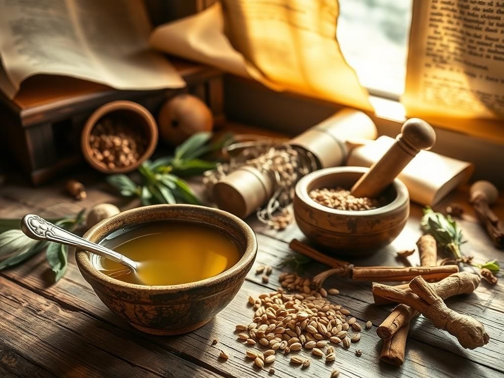 Flick International A rustic wooden table with vinegar face mask ingredients and barley water remedies