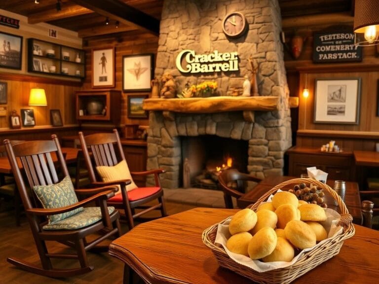 Flick International Cozy interior of a Cracker Barrel restaurant featuring wooden rocking chairs and a stone fireplace