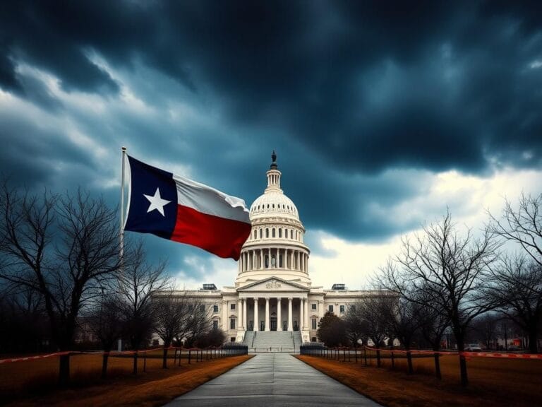 Flick International Dramatic view of the Texas State Capitol building under an ominous sky.