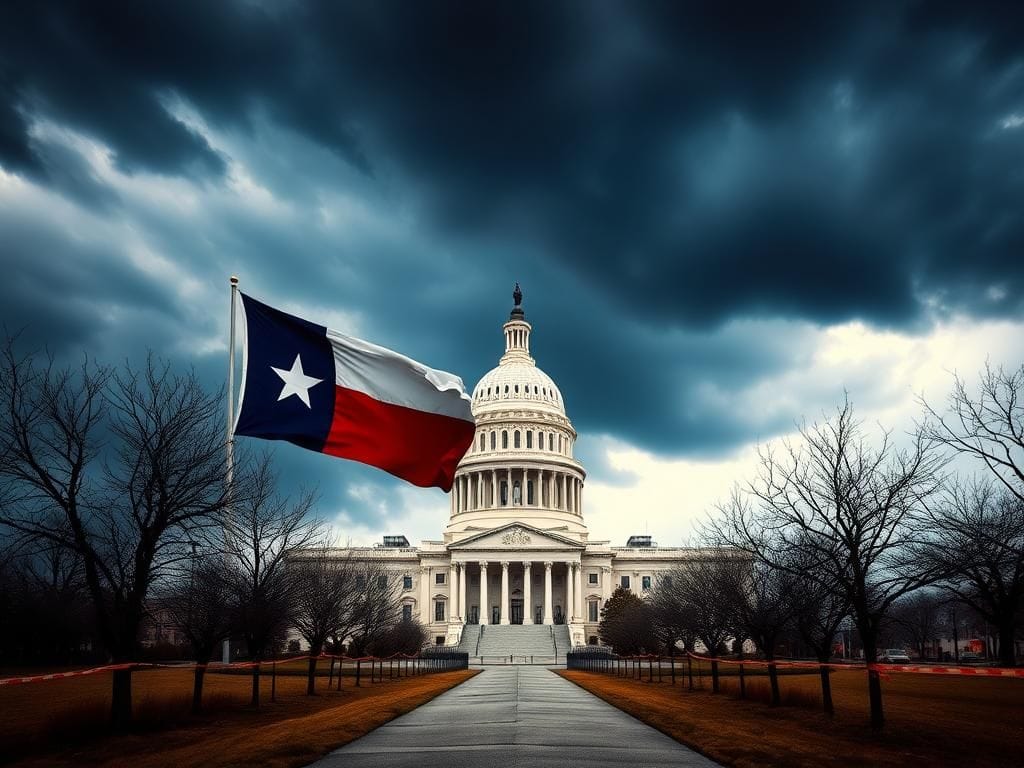 Flick International Dramatic view of the Texas State Capitol building under an ominous sky.