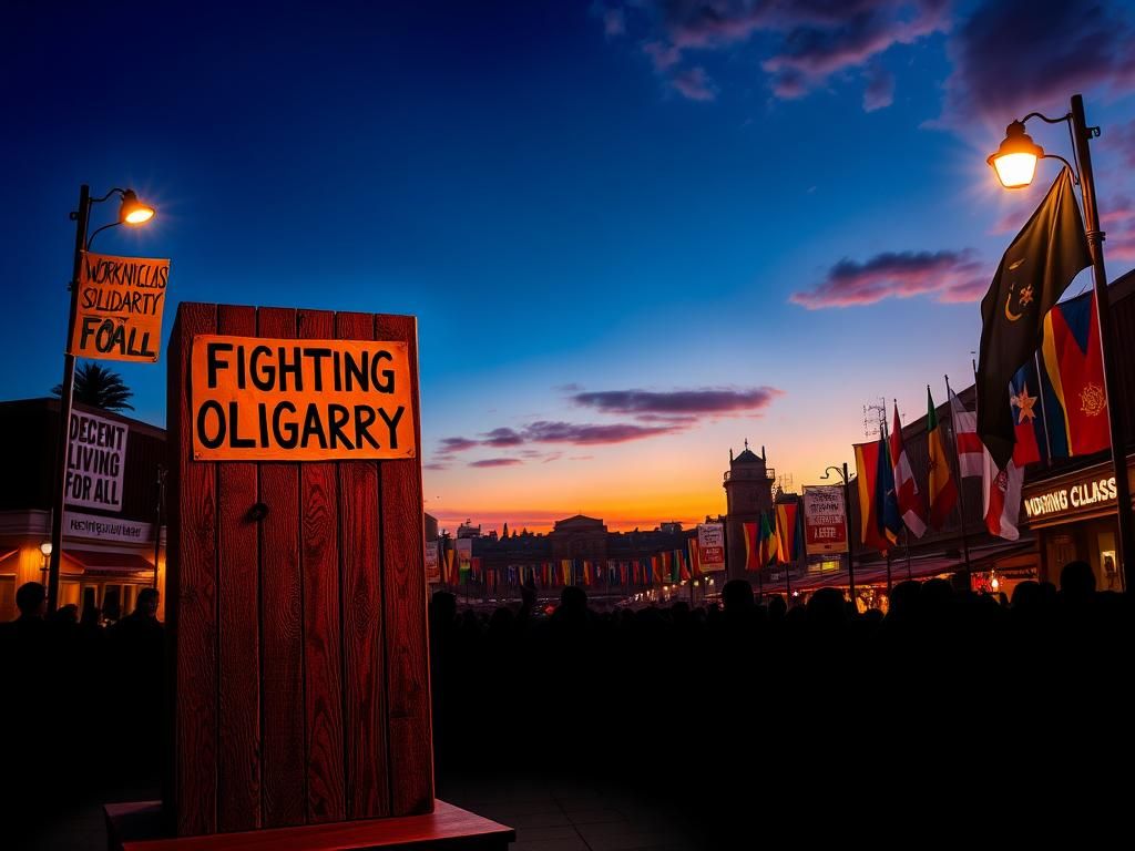 Flick International A vibrant town square at dusk with a crowd supporting grassroots activism