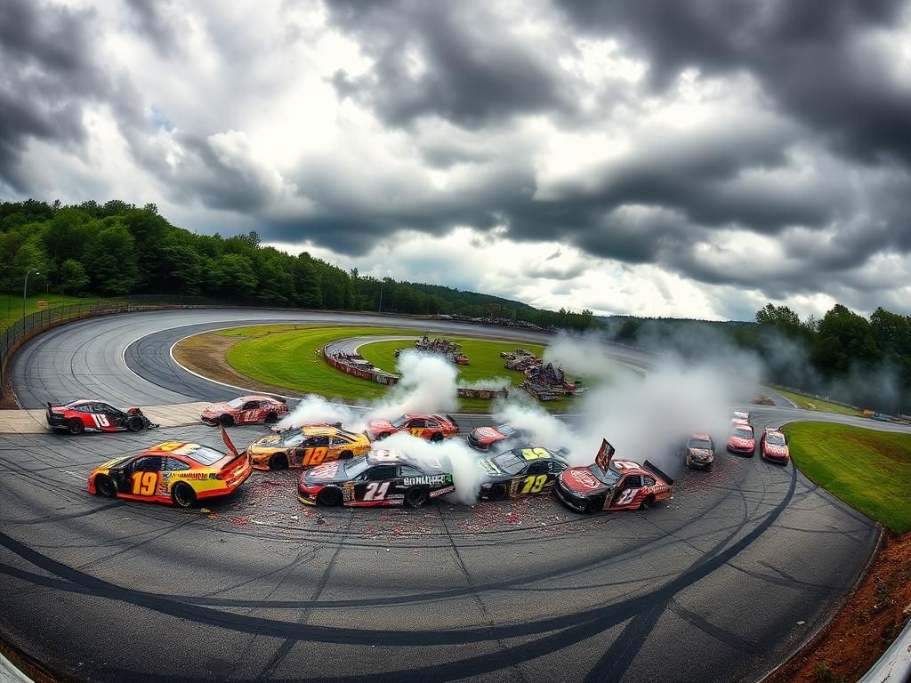 Flick International A dramatic scene of a massive NASCAR wreck at Watkins Glen featuring crumpled cars and smoke.