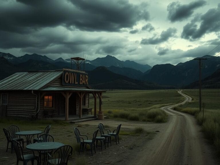 Flick International A desolate Montana landscape featuring a dimly lit Owl Bar under a cloudy sky