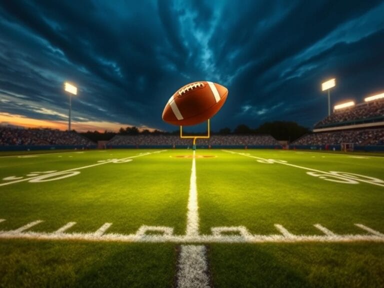 Flick International A bird's eye view of a football field at twilight with a glowing football mid-flight towards a goal post.