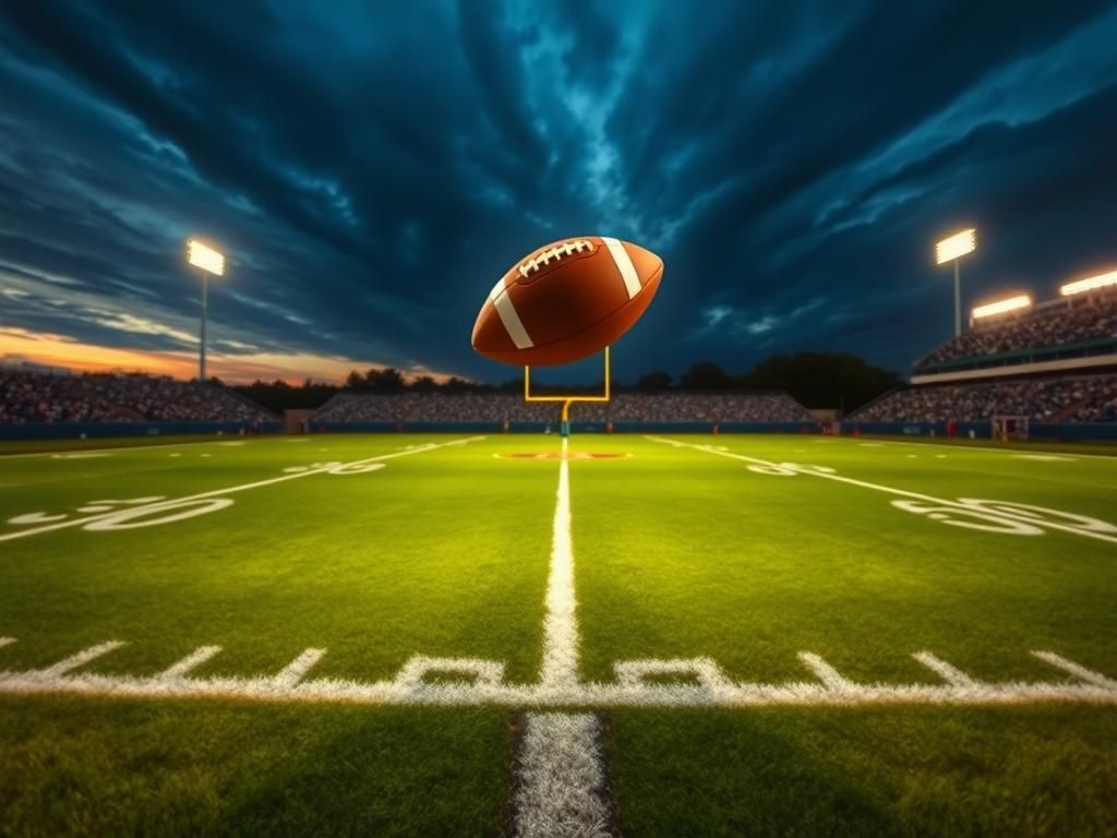 Flick International A bird's eye view of a football field at twilight with a glowing football mid-flight towards a goal post.