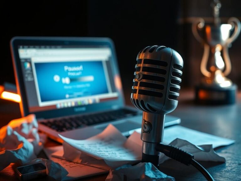 Flick International A dramatic close-up of a vintage microphone with crumpled notes and a laptop, representing a tense podcast conversation.