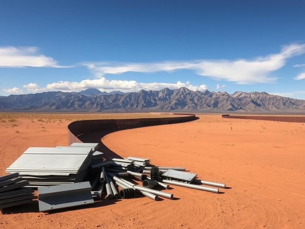 Flick International Section of unused border wall materials scattered in a desert landscape