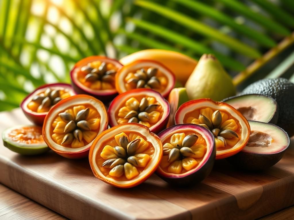 Flick International A vibrant arrangement of open passion fruits on a wooden cutting board with tropical fruits