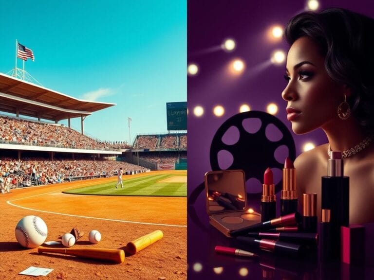 Flick International Split-screen image depicting contrasting scenes of a vibrant baseball stadium and a luxurious Hollywood setting, symbolizing David Justice and Halle Berry's careers.