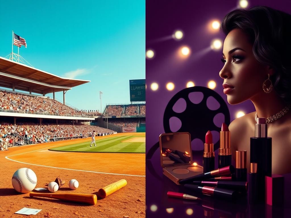 Flick International Split-screen image depicting contrasting scenes of a vibrant baseball stadium and a luxurious Hollywood setting, symbolizing David Justice and Halle Berry's careers.