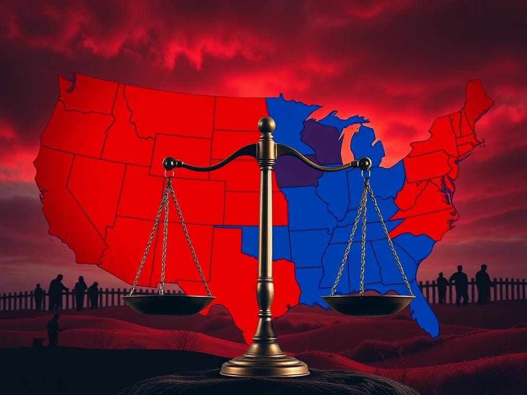 Flick International Dramatic political map of the United States showing red and blue states representing Republican and Democratic territories