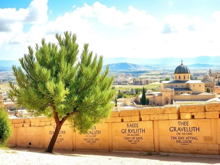 Flick International Serene landscape of Nazareth showcasing historical architecture and a vibrant olive tree symbolizing peace.