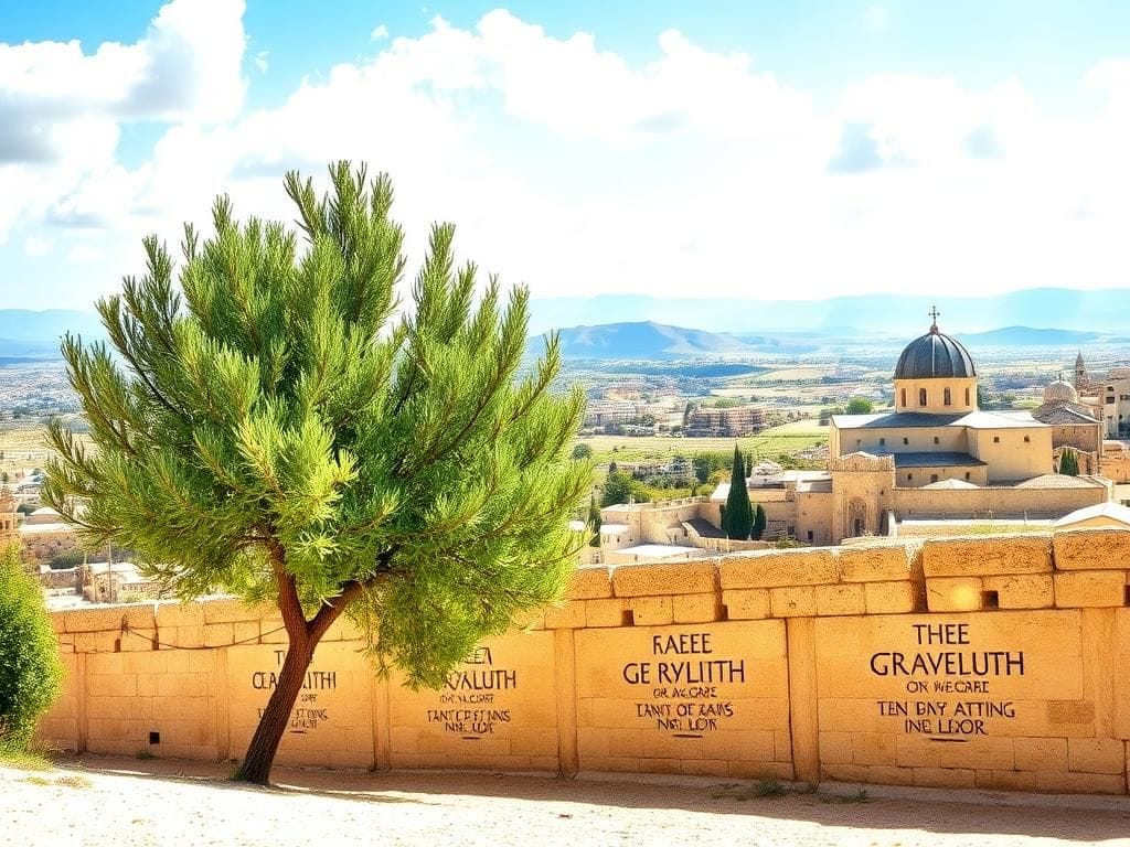 Flick International Serene landscape of Nazareth showcasing historical architecture and a vibrant olive tree symbolizing peace.