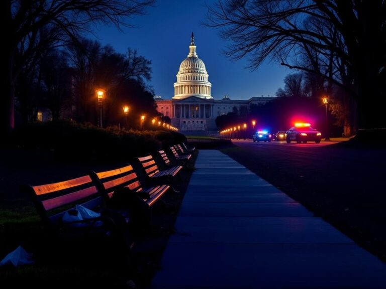 Flick International A vibrant urban scene in Washington D.C. showing the Capitol building and White House, highlighting homelessness issues with empty park benches and streetlights.