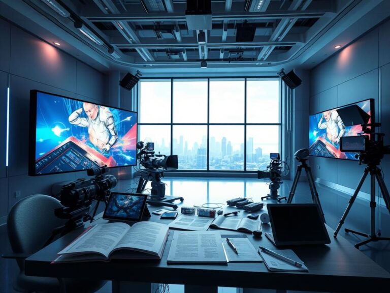 Flick International Futuristic film studio environment showcasing advanced AI technology and digital effects