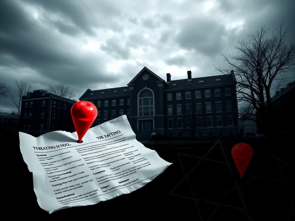 Flick International Dark school building with threatening paper in foreground