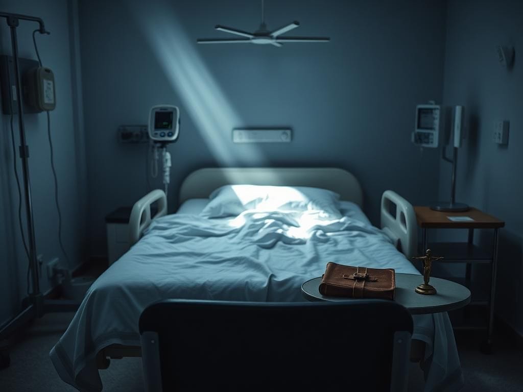 Flick International Dimly lit hospital room with medical equipment symbolizing health struggle