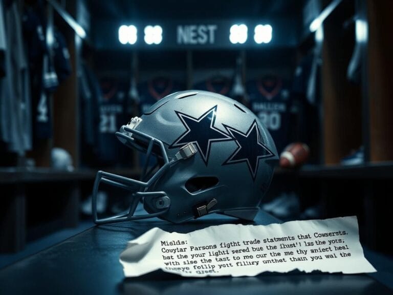 Flick International Dallas Cowboys helmet in a dimly lit locker room, symbolizing uncertainty around Micah Parsons' trade request.