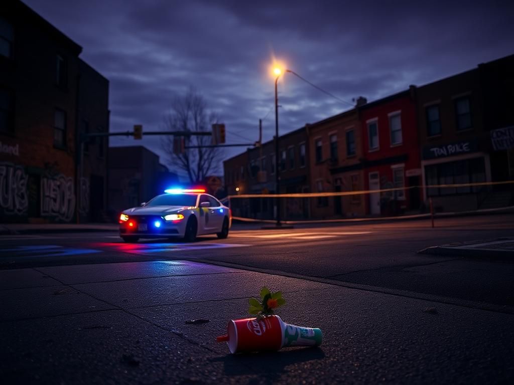 Flick International Dimly lit Baltimore street scene after mass shooting, showing police barriers and caution tape.