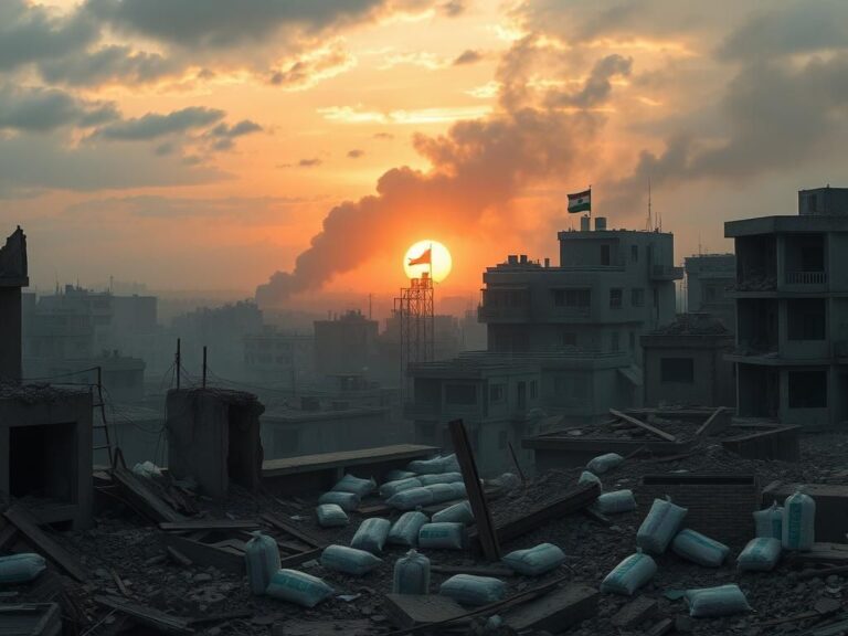 Flick International A complex urban landscape of Gaza showing crumbling buildings and humanitarian aid supplies