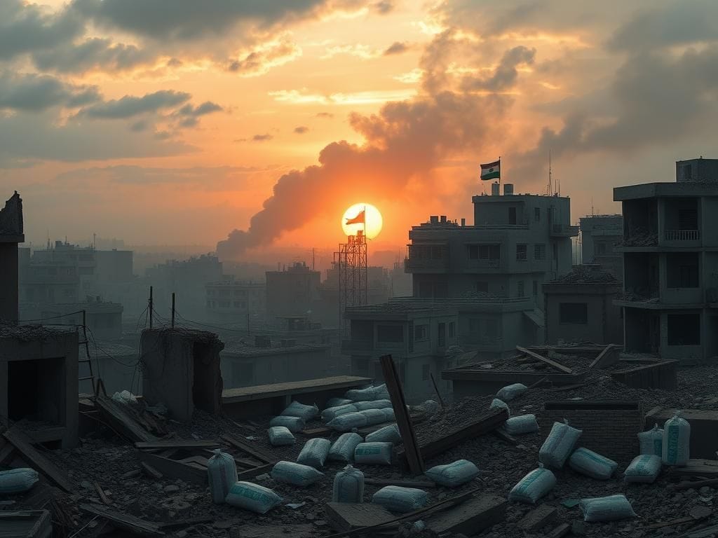 Flick International A complex urban landscape of Gaza showing crumbling buildings and humanitarian aid supplies