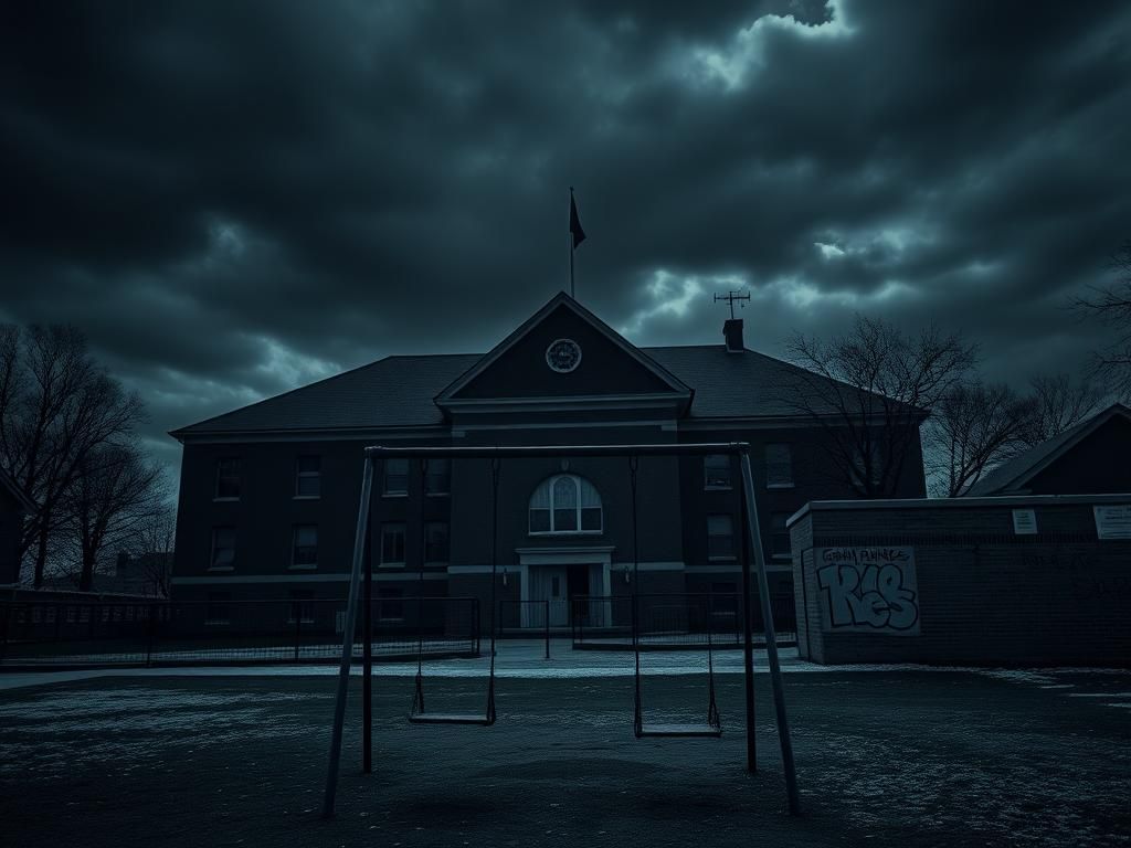 Flick International Dark school building under stormy sky with abandoned playground