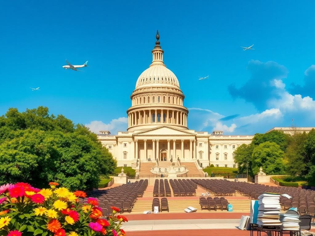 Flick International A bustling scene of the U.S. Capitol building surrounded by summer greenery