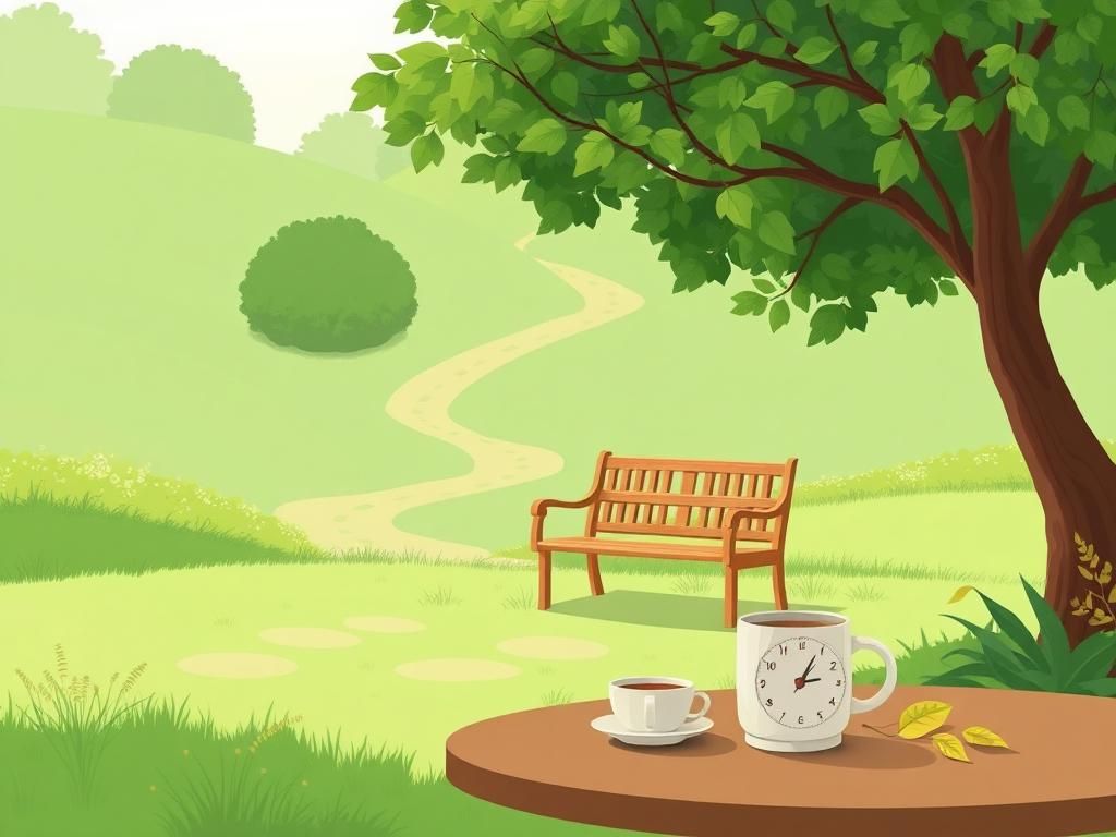 Flick International Serene landscape illustration depicting a lush green garden with a wooden bench and a clock
