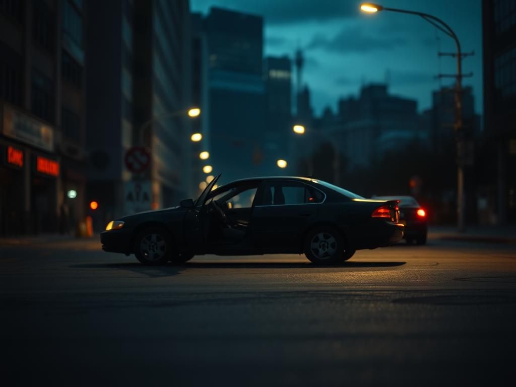 Flick International Dimly lit urban street with an abandoned car, indicating urgency
