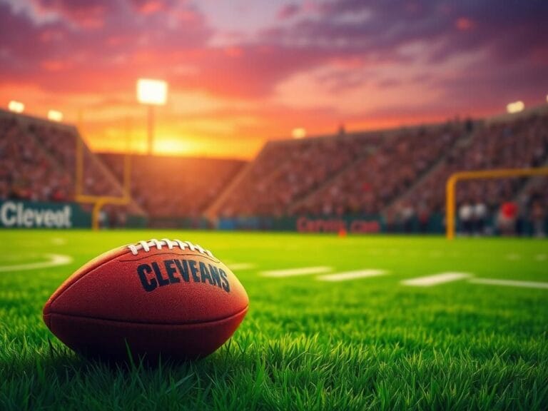 Flick International Dynamic football field illustration with a realistic football and Cleveland Browns logo