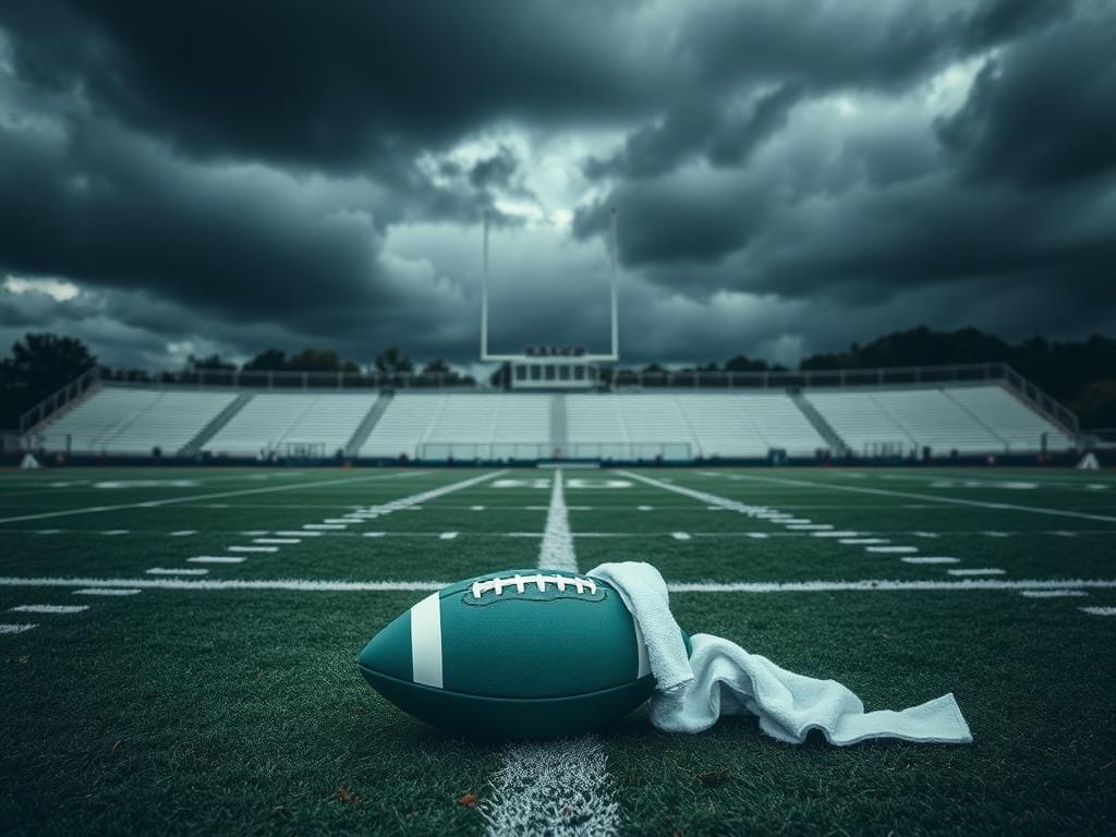 Flick International Abandoned football field with a green and white football symbolizing Rondale Moore's injury