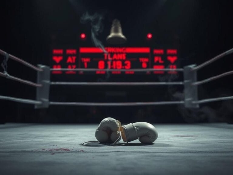 Flick International Somber boxing ring with abandoned gloves symbolizing losses