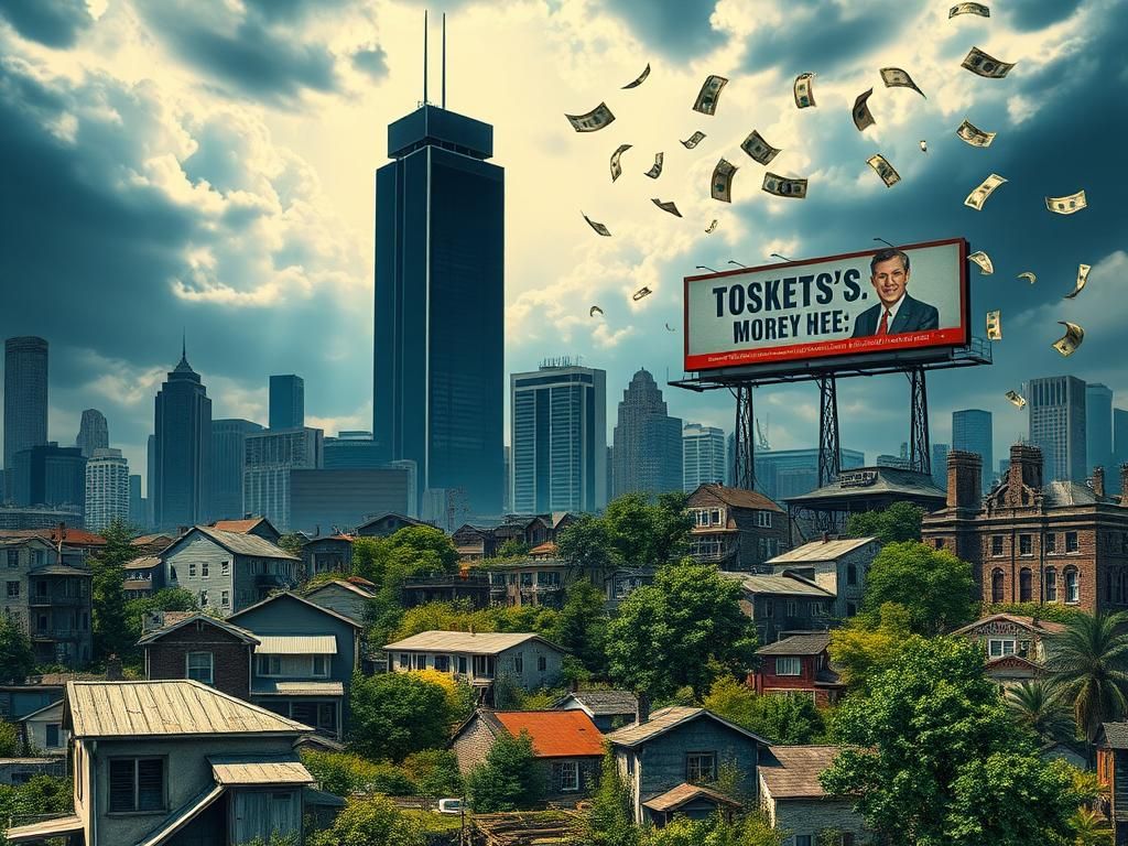 Flick International A powerful urban landscape depicting the contrast between wealth and struggling communities