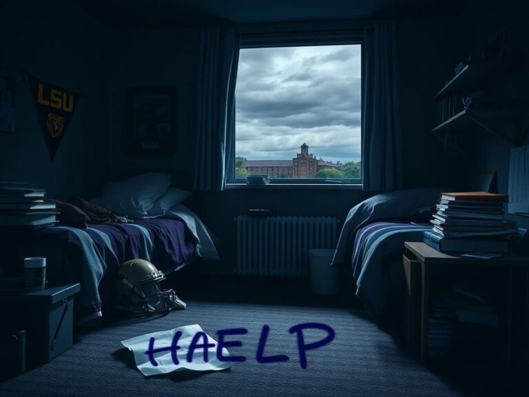 Flick International Dimly lit college dorm room with LSU merchandise and a crumpled paper that says 'HELP'