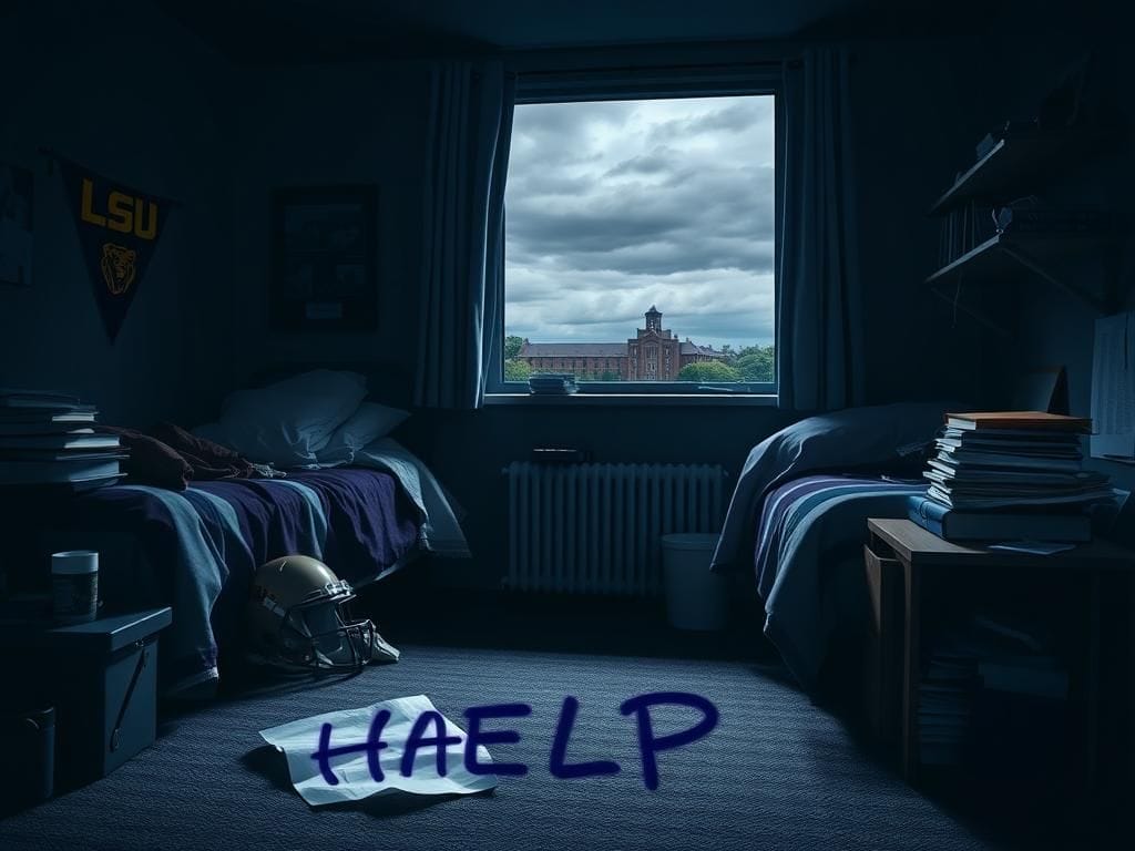 Flick International Dimly lit college dorm room with LSU merchandise and a crumpled paper that says 'HELP'