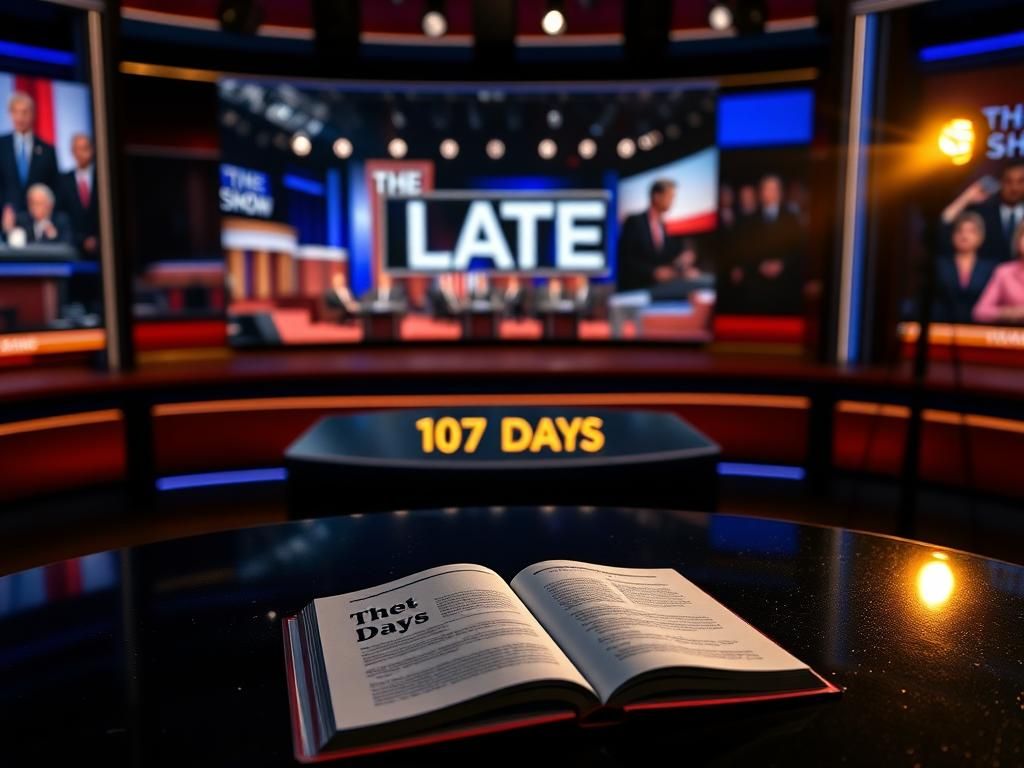 Flick International Dimly lit television studio set featuring a polished desk and the title 'The Late Show' in neon lights.