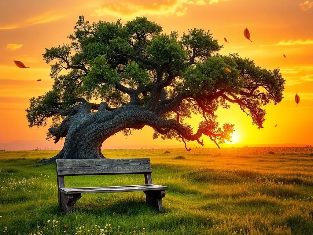 Flick International Serene sunset over a lush green meadow with a weathered wooden bench under an ancient tree symbolizing natural aging