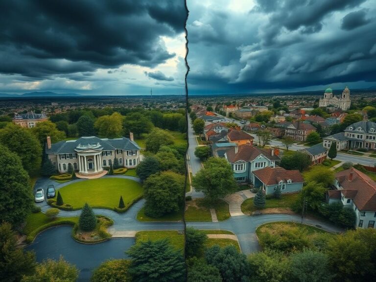 Flick International A divided landscape showcasing wealth disparity with opulent mansions and struggling urban areas