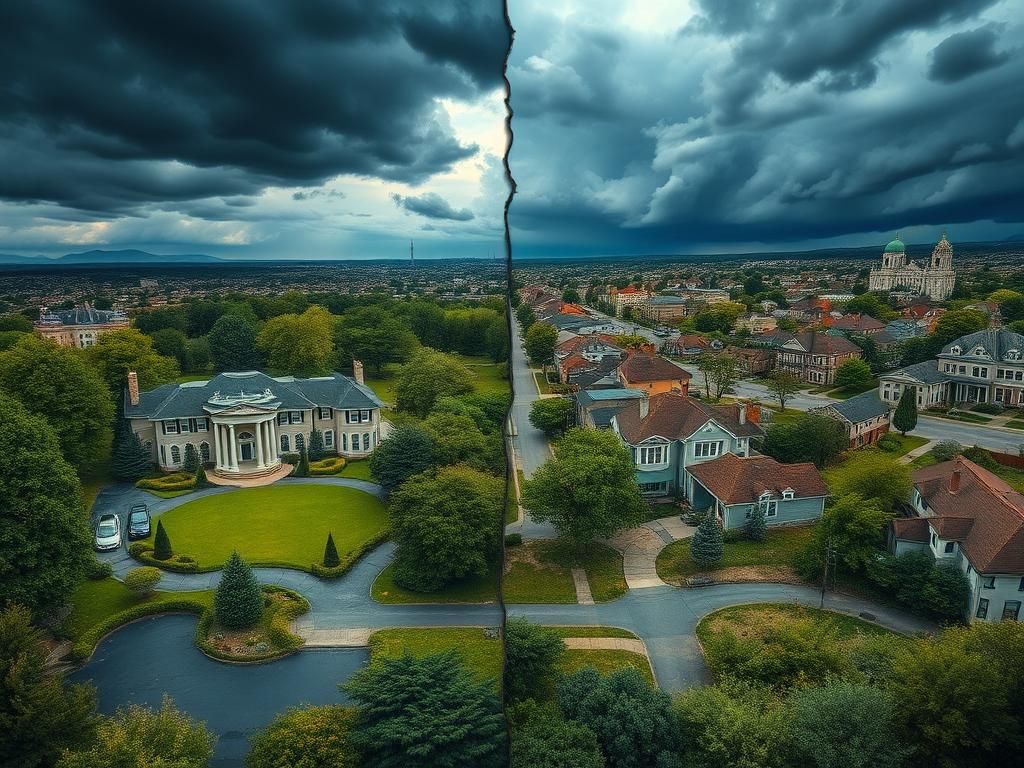 Flick International A divided landscape showcasing wealth disparity with opulent mansions and struggling urban areas